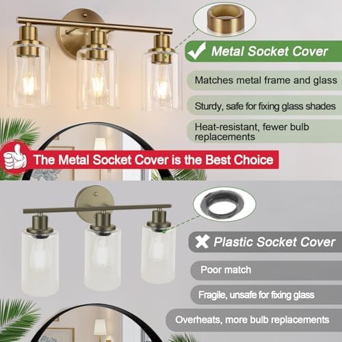 Zarbitta 3-Light Bathroom Light Fixtures, Brushed Brass Bathroom Wall Lights with Clear Glass Shade, Modern Bathroom Wall Lamp for Mirror Kitchen Living Room Hallway Cabinet