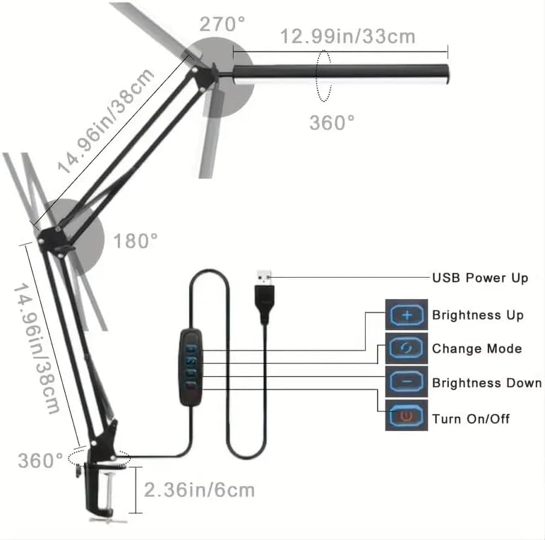LED Desk Lamp with Eye-Caring 3 Modes 10 Brightness, Adjustable Swing Arm Long Flexible Lamp for Office Workers and Students, USB Port