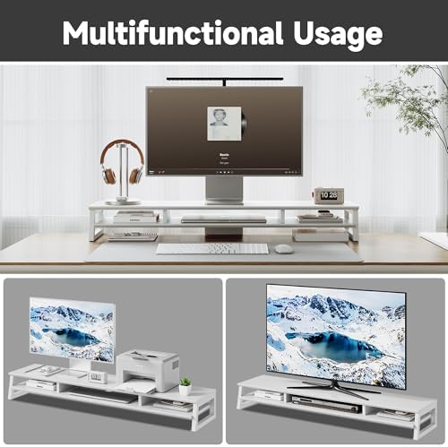 Dual Monitor Stand Riser for Desk, 41.7 Inch Large 2 Tier Computer Monitor Stand for 2 Monitors, Desktop Storage Organizer Shelf with Keyboard Space for Laptop PC Printer White