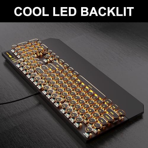 MageGee Typewriter Mechanical Gaming Keyboard, Retro Round Golden Electroplated Keycaps, LED Orange Backlit Wired Keyboards for Laptop PC Gamer, with Magnetic Wrist Rest, Metal Panel, Blue Switch