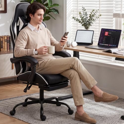 Dowinx Gaming Chair with Footrest, Ergonomic Office Chair, Black White