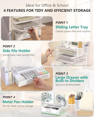 WALI Desk File Organizer, 5 Tier Desktop Paper Letter Tray Organizer with Drawer and 2 Pen Holders, Office Desk Accessories & Workspace Organizers for Office, Home Supplies(DO006DH-W), 1 Pack, White