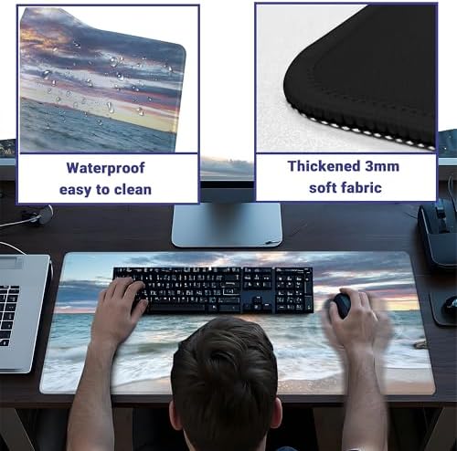 Mouse Pad with Sea View – Sunrise Scenery Desk Pad – Portable Computer Mousepad – Gaming, Office, Waterproof, Non-Slip, Stitched Edges 31.5 x 11.8inches x 3mm