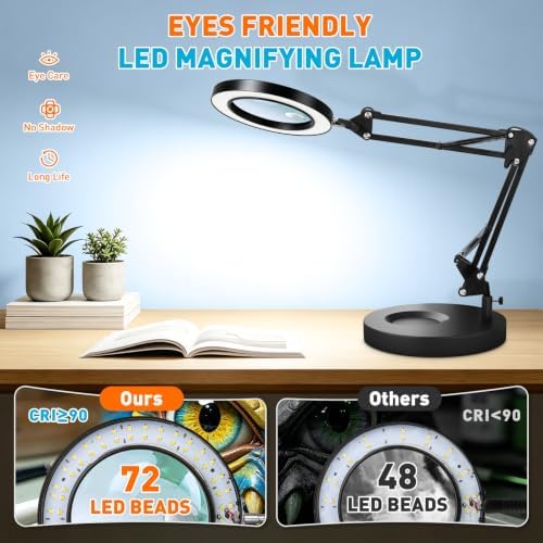 KIRKAS Magnifying Glass with Light and Stand, 12X 30X 9.06in Clamp & Base