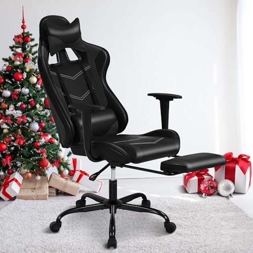 Black Gaming Chair with Footrest, PU Leather Gaming Chairs for Adults, High Back Comfy Office Chair Ergonomic Desk Chair Computer Chair, Reclining Gamer Chair, Height & Backrest Adjustable, 300 Lbs