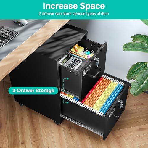 SISESOL 2 Drawer File Cabinet on Wheels,Metal Filing Cabinet with Lock,Black Rolling File Cabinets with Casters,Under Desk Office Cabinets for Home Office,Fit A4/Letter/Legal,Easy Assembly