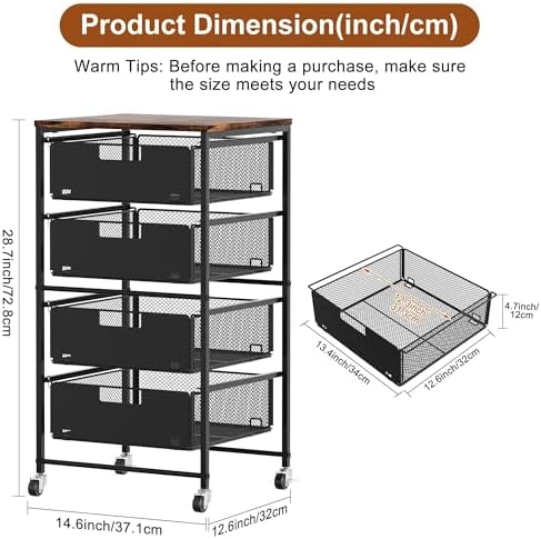 EasyPAG Rolling Storage Cart with 4 Drawers, Under Desk File Cabinet on Lockable Wheels, Moviable Hanging File Folder Organizer with Wooden Printer Stand for Home Office