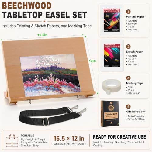 16.5"x12" Beechwood Tabletop Easel with Paint and Sketch Papers,Mask Tape