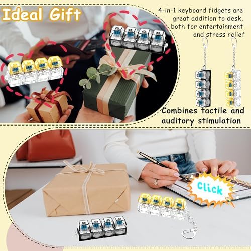 2 PCS Keyboard Fidget Toy, Keyboard Fidget Keychain 4-in-1 Keyboard Decompression Button Finger Clicker Toys, Button Stress Relief Fidget Gifts to Relief Stress (Black Yellow)
