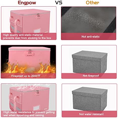 ENGPOW File Box with Lock, Fireproof Document Box with Zipper＆Pockets, Collapsible File Organizer Filing Storage Cabinet with Handle, Portable Home Office Safe for Hanging Letter/Legal Folder, Pink