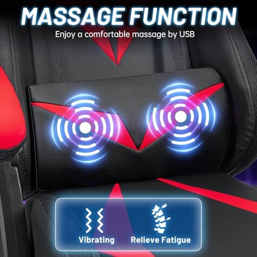 HOFFREE Gaming Chair with LED RGB Lights Massage Ergonomic Video Game Chairs with Footrest High Back Reclining Computer Chair with Adjustable Lumbar Support Red and Black