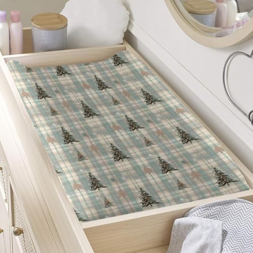 Christmas Trees Checkered Winter Holiday Pattern Baby Changing Pad Cover, Unisex Christmas Nursery Diaper Changing Table Pad Mat Sheet for Boys Girls-16x32