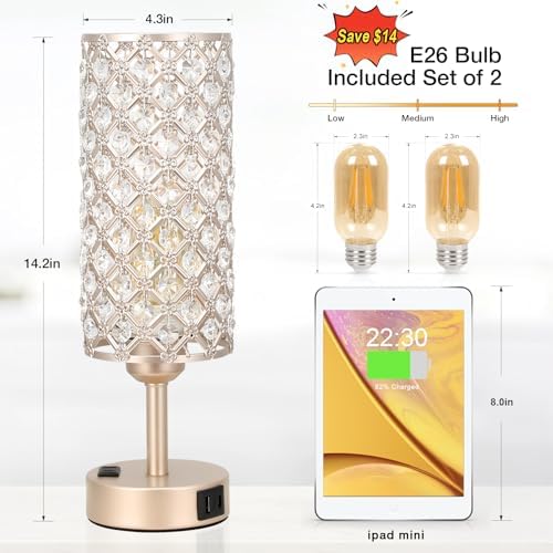 Hong-in Touch Table Lamps for Bedrooms Set of 2-3 Way Dimmable Champagne Gold Crystal Lamps with Crystal Shade, Bedside Nightstand Lamp for Living Room Bedroom Home Office