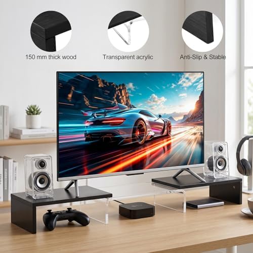 Dual Monitor Riser, Acrylic Monitor Riser, Adjustable Angle & Length Computer Monitor Stand, Wide Desk Shelf for Top of Desk for Home Office_Black Maple Look Small