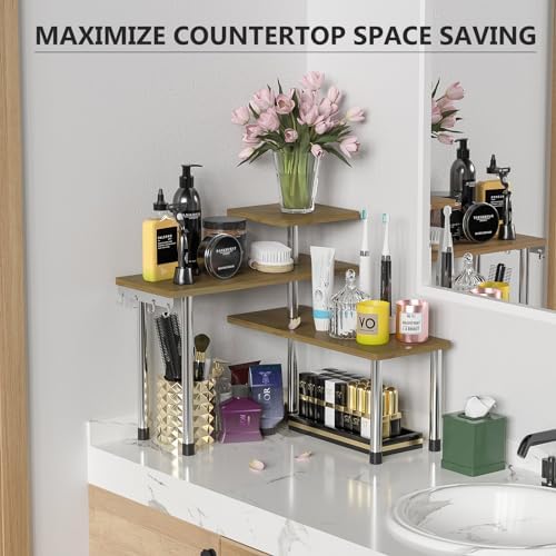 ZHWS Kitchen Corner Shelf Countertop Organizer - 3 Tier Bamboo & Metal Kitchen Organization Plant Stand Living Room Office, Spice Rack On Counter Shelves, Antique