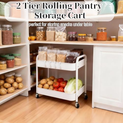 2 Tier Short Rolling Cart with Wheels for Under Desk Storage & Pantry Storage, Large Capacity Metal Kitchen Utility Cart for Small Space, Laundry Room Organizer Side Table with 4 Hooks, White