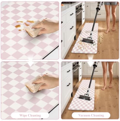 KIMODE Kitchen Anti Fatigue Mats, Light Pink Checkered Home Decor Carpet