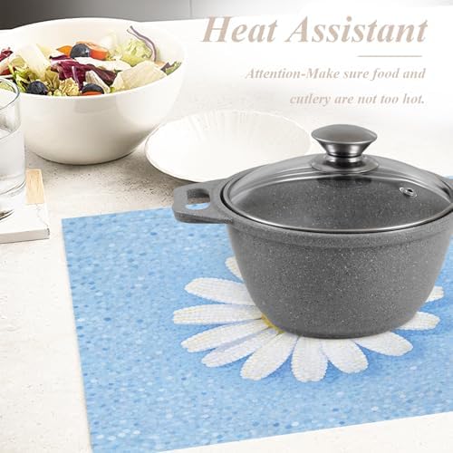 Shrahala Botanical Daisy Set of 4 12 x 18 Inch Linen Placemats, Soft Blue Background Burlap Table Mat Washable Double Layered Heat Insulation for Indoor/Outdoor