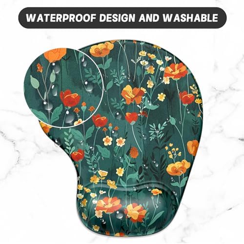 ITNRSIIET Ergonomic Mouse Pad Coaster Set with Gel Wrist Support Wrist Rest Smooth Surface Non-Slip PU Base Comfortable Office Supplies Pain Relief, 9.5 x 8.3 inches, Beautiful Flowers