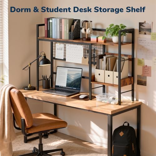 Desk Shelf, 44.9" Desk Hutch with Pegboard Hooks Set, Rustic Brown