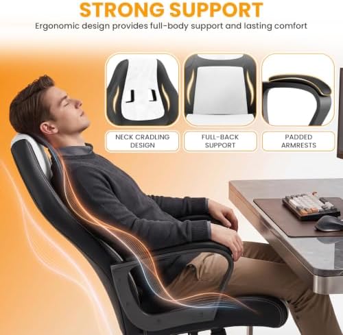 BestOffice Office Chair PC Gaming Chair Cheap Desk Chair Ergonomic PU Leather Executive Computer Chair Lumbar Support for Women, Men (White)