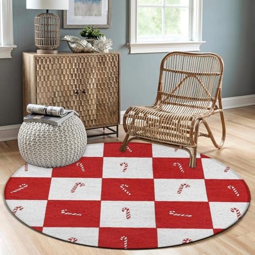Fashion Round Area Rug Large Non Slip Carpet, Candy Cane Red Checkered Christmas Unisex Home Decor Mat