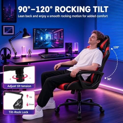 FDW Gaming Chair PU Leather Computer Chair Executive Headrest Lumbar Support Ergonomic Racing Desk Chair with Armrests 360° Swivel & Caster Five Star Metal Base for Office or Gaming