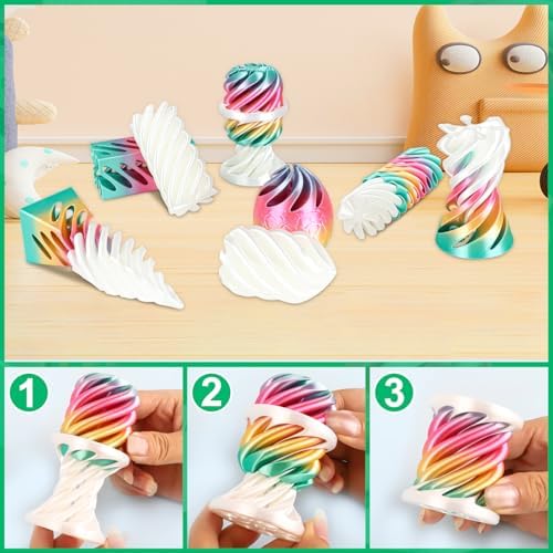 6 Packs Spiral Cone 3D Printed Fidget Toy Set, Flexible Impossible Cone Pyramid Passthrough Toys for Stress Relief,Desk Deco Relaxing for Kids Adults, Candy Gradient Rainbow & White