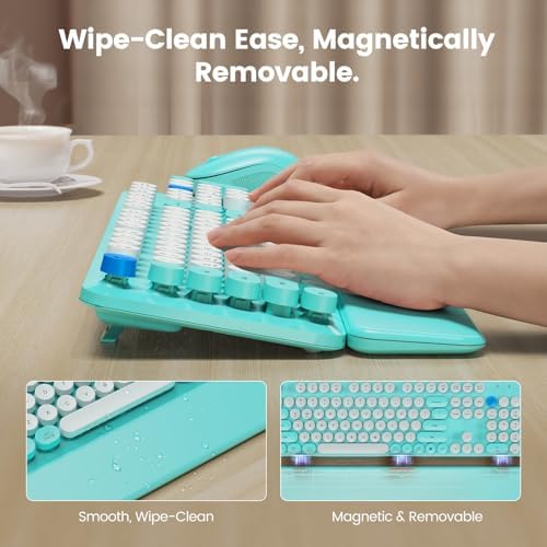 Wireless Keyboard Mouse Combo, Magnetic Wrist Rest, Round Keycap, Aqua Blue