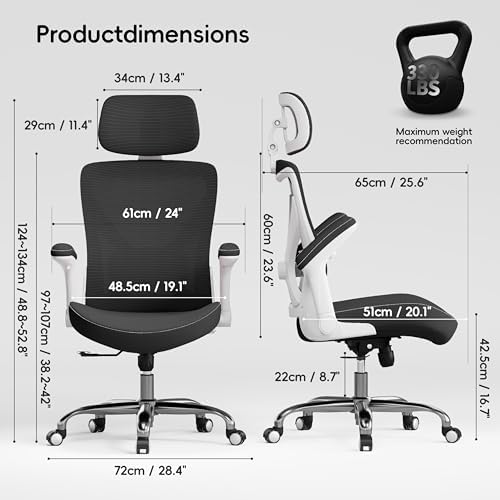 TRALT Office Chair - Ergonomic Office Chair with Adjustable Lumbar Support Headrest Office Desk Chair - Gaming Chair in X-Shape Office Chair - Desk Chair Computer Chair 150 kg White / Black