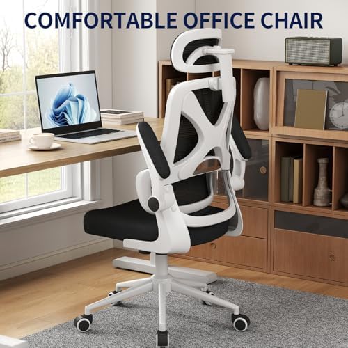 Ergonomic Office Chair - Desk Chair with Adjustable Headrest Lumbar Support Computer Chair - Mesh Comfy Chair with Flip-up Armrests - Gaming Chairs for Adults Home Office 330 LBS (White+Black)
