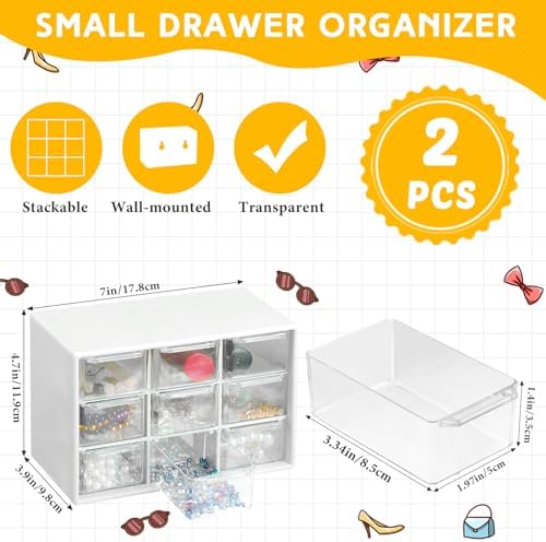 Wenqik 2 Pcs Mini Storage Drawers with 9 Clear Drawers, White
