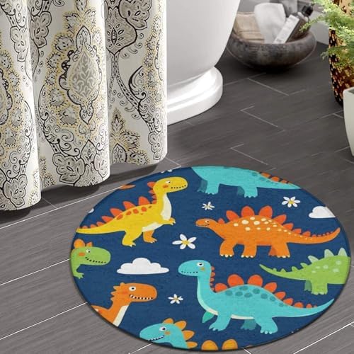 Large Home Decor Mat, Soft Round Yoga Carpet, Non Slip Machine Washable Kitchen Office Circle Rug Dinosaur