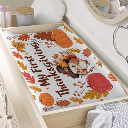 Cute Cartoon Thanksgiving Turkey Autumn Leaves Pattern Baby Changing Pad Cover, Unisex Fall Winter Holiday Nursery Diaper Changing Table Pad Mat Sheet for Boys Girls-16x32