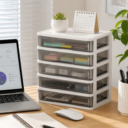 DEAYOU 5 Drawer Desktop Storage Bin Unit, Small Plastic Organizer, White Frame with Clear Drawer, Mini Container Case for Desk, Storing Craft, Accessory, Stationery