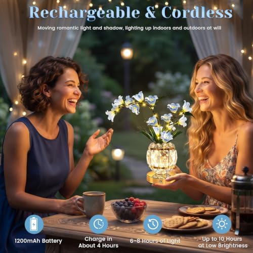 Lily Flower Lamps, Rechargeable Cordless Small Desk Lamp, 3 Colors Dimmable Artificial Flowers Night Light, Fake Bouquet 3 Lilies with Crystal Vase for Home Date Party Decoration (Blue - May Bells)