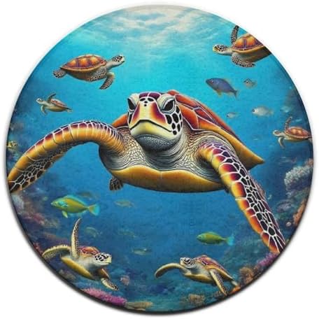 Large Home Decor Mat, Soft Round Yoga Carpet, Non Slip Machine Washable Home Office Circle Rug Sea Turtle