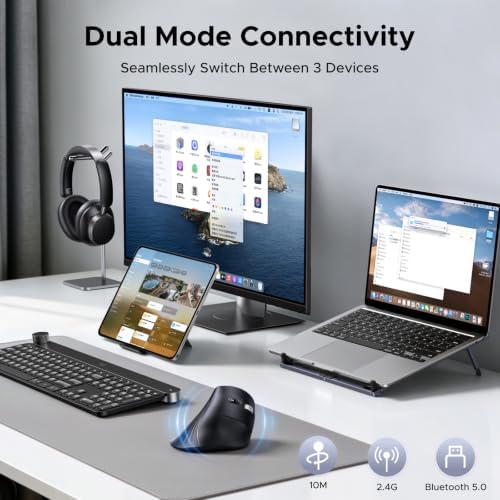 UGREEN Vertical Wireless (Bluetooth 5.0+2.4G) Ergonomic Mouse with 5 Buttons, 1000/1600/2000/4000 DPI, Prevention of Mouse Arm, Vertical Mouse Compatible with PC/Laptop/Tablet, Black