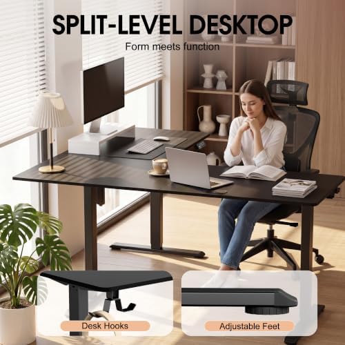 Furmax 63 x 55 Inch L Shaped Standing Desk with 2 Preset Heights, Electric Height Adjustable Computer Table, 2 Hooks & Feet Balance, Corner Sit Stand Desk for Home Office (Black, 63 x 55 Inch)