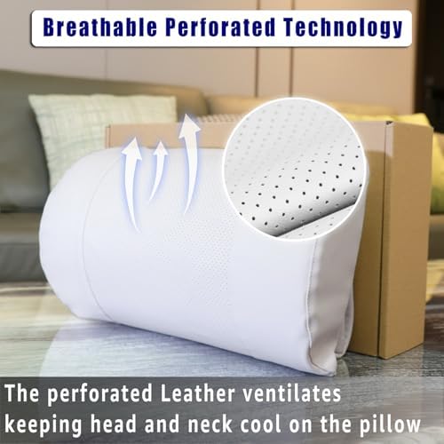 Non-Slip Memory Foam Neck Pillow for Recliner, Breathable Perforated Leather Adjustable Recliner Pillow for Pain Relief in Home, Office and Travel (Ivory)