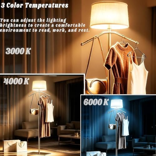 Gold Floor Lamp with Coat Rack, 3 Color Dimmable Standing Lamp with Hooks, Standing Floor Reading Light with Soft Linen, Freestanding Clothing Hanging Tall Lamp for Entryway Hallway Bedroom Apartment