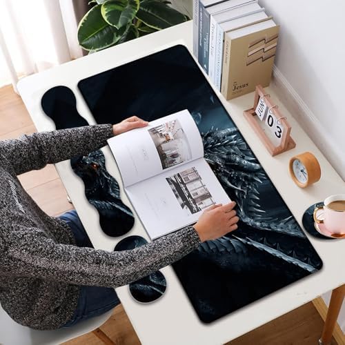 4 in 1 Mouse Pad Combo, Large Gaming Mouse Pad + Keyboard Wrist Support + Mouse Wrist Rest + Coaster, Table Pad 31.5 "x 11.8" with Memory Foam Ergonomic Wrist Pad Set, Cool Dark Dragon