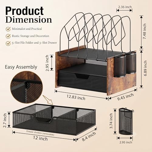 Desk Organizer with Drawer, Desktop File Organizer and Paper Tray Organizer with Vertical File Holder, Office Desk Accessories for Mail, Documents, Papers, Notebooks and Home Office Storage