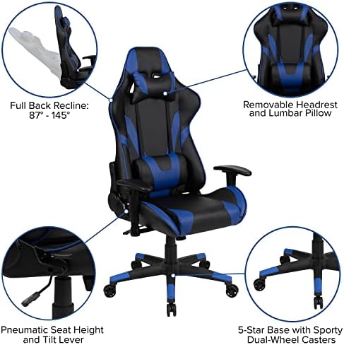Flash Furniture X20 Gaming Chair Racing Office Ergonomic Computer PC Adjustable Swivel Chair with Fully Reclining Back in Blue LeatherSoft