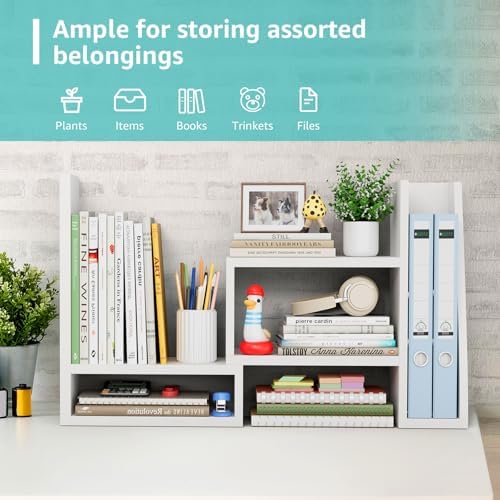 Desktop File Organizer Desk Organizer Shelf - White Office Organization Shelves for Top of Desk Organizers and Accessories Corner Bookshelf Table Top Shelving Small Hutch Decorations for Women Office