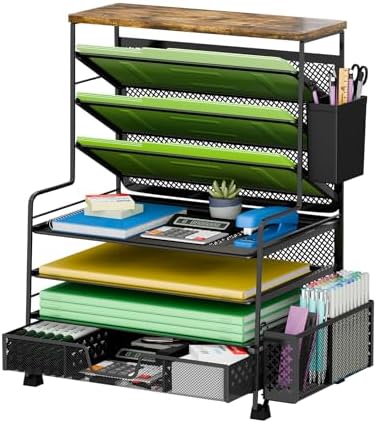 Ekisemio 8 Tier Desk File Organizer with Sliding Drawer, Desktop Organizers and Accessories, Letter Size File Organizer for Desk, Black