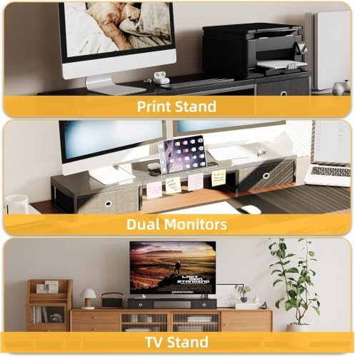 Mexin 39" Dual Monitor Stand Riser with 2 Storage Drawers, Carbon Fiber Computer Desk Organizer for 2 Monitors, Heavy Duty 100 Lbs Desktop Stand with Phone Tablet Holder for Home Office, Black