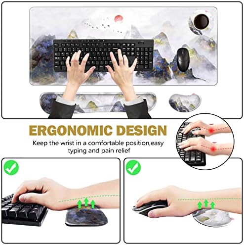 ToLuLu Extended Gaming Mouse Pad, Memory Foam Ergonomic Keyboard Mouse Wrist Rest Support Set, Large Desk Mat with Stitched Edges, Non-Slip Base Mousepad for Home Office Game Study, Ink Mountain