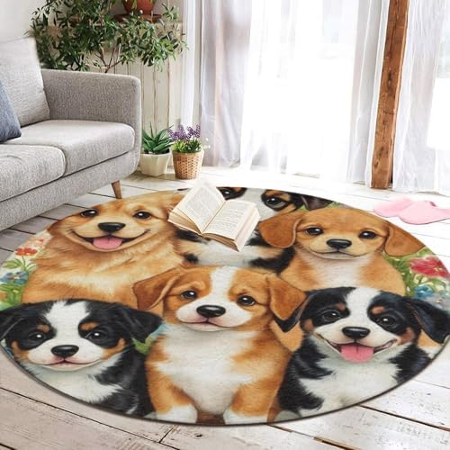 Soft Round Yoga Carpet, Office Chair Decor Round Mat for Carpet and Hardwood Floors Puppy