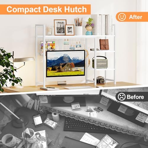 Snughome Desk Shelf, 38.6" Desktop Organizer Shelf, Desk Hutch for Computer Monitor, 4 Tier Desktop Display Rack with Pegboard Hooks Set, Wood Desk Bookshelf for Home Office Dorm, White